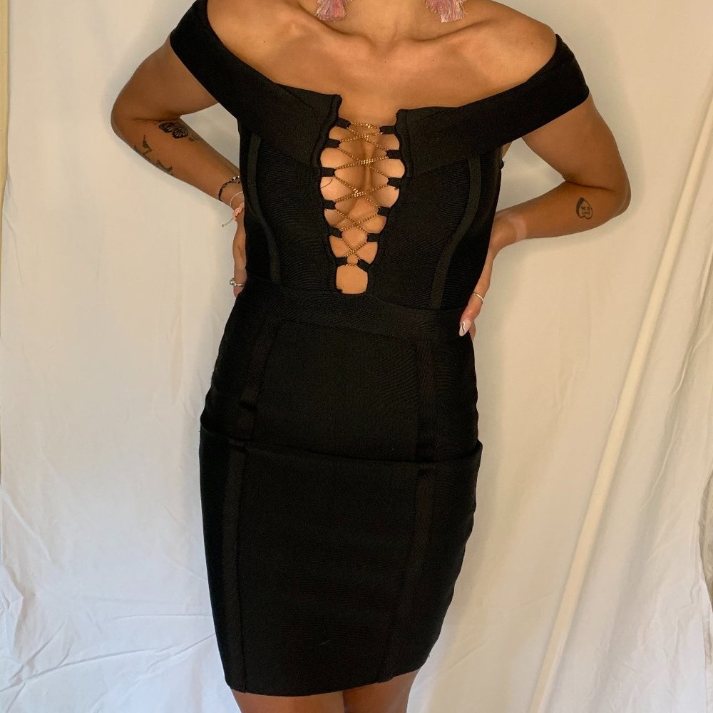 Black Off-The-Shoulder Bandage Cocktail Dress